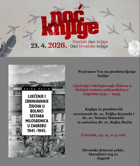 Poziv na predstavljanje knjige: Liječenje i zbrinjavanje Židova u Bolnici sestara milosrdnica u Zagrebu 1941. - 1945.